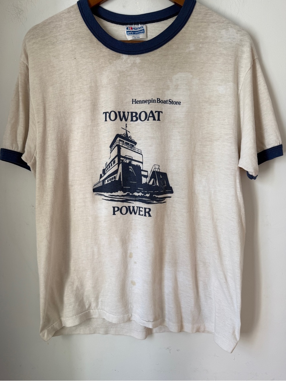 Vintage Hanes Cream Ringer Tee with Navy Towboat Graphic Single Stitch Stained